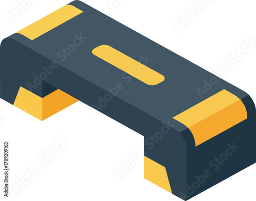 An isometric illustration of a dark blue aerobic step with yellow accents, designed for fitness workouts.