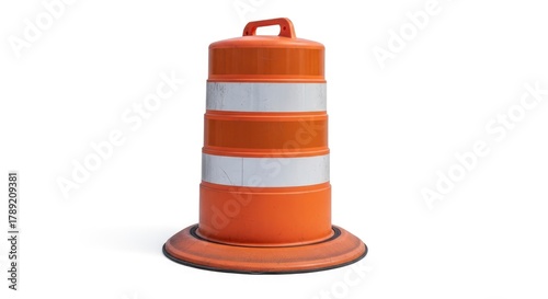 An orange and white traffic barrel with reflective stripes and a black weighted base stands against a plain white background showing some wear