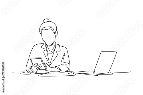 Business women using calculator at working with financial report. Budget planning concept. Single line draw design. Vector graphic illustration