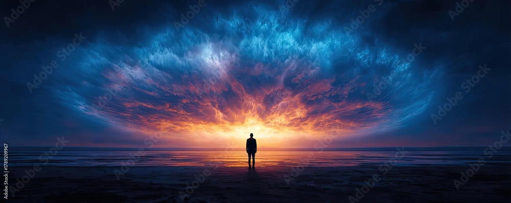 Fototapeta premium Overwhelmed person under exploding cloud concept. A person standing against a stunning sunset, contemplating life.