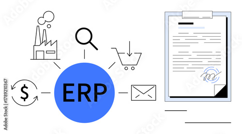 ERP in bold at the center links to factory, shopping cart, dollar symbol, document, magnifying glass. Ideal for business integration, process management, workflow optimization, data centralization