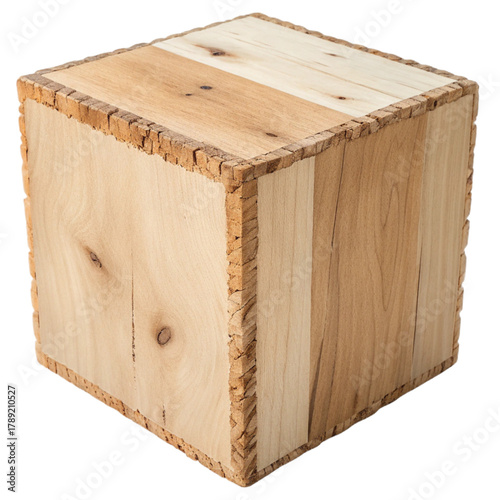 Rustic wooden cube crafted from natural wood planks with textured edges, perfect for rustic decor, crafts, or product displays