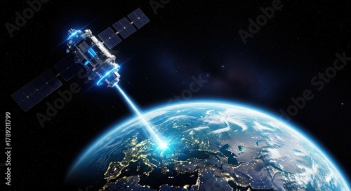 Satellite weapon fires powerful laser beam down at earth from orbit. illustration