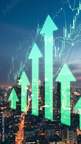 City Skyline Growth Arrows Green Upward Stock Market Chart Background