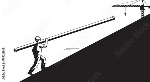 A determined construction worker struggles uphill, carrying a long pipe toward a towering crane, symbolizing effort and progress.