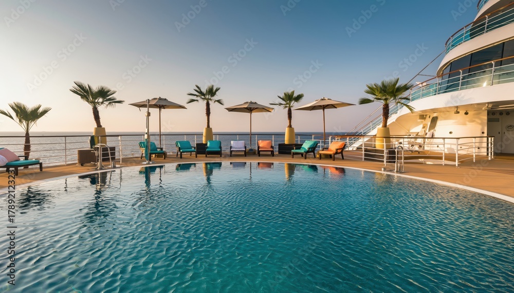 Fototapeta premium an infinity pool aboard a luxury cruise ship surrounded by sun loungers, umbrellas, and palm trees.