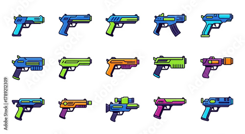 A vibrant collection of pixel art blaster icons, featuring diverse futuristic weaponry for gaming design and digital media projects