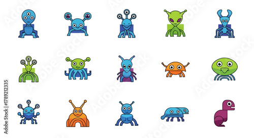 Collection of colorful pixel art alien and monster character icons. Set of cute cartoon extraterrestrial creatures for a game