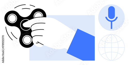Hand holding spinning fidget spinner, paired with microphone and globe symbols suggesting multitasking, creativity, or communication. Ideal for focus, stress relief, innovation, technology, learning