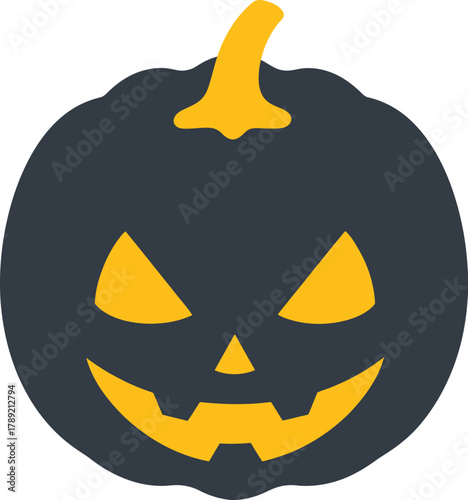 A spooky black and orange jack-o'-lantern with a carved menacing face, perfect for Halloween decorations.