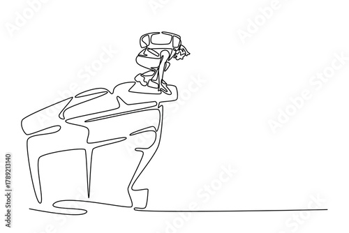 Hiker sits on a cliff. Travel experience concept. Single line draw design. Vector graphic illustration