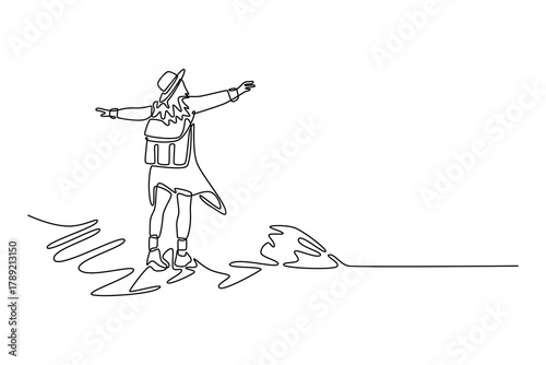 Happy woman traveler with backpack enjoying autumn hiking along the river. Travel experience concept. Single line draw design. Vector graphic illustration