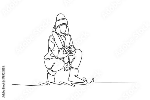 Travel. Winter, Hiking, Eco Travel, Solo Female Travel. Travel experience concept. Single line draw design. Vector graphic illustration
