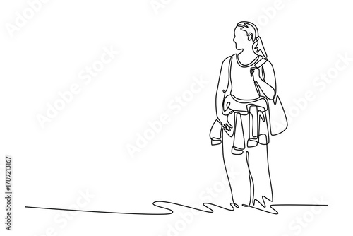woman tourist solo traveling, travel experience. Travel experience concept. Single line draw design. Vector graphic illustration