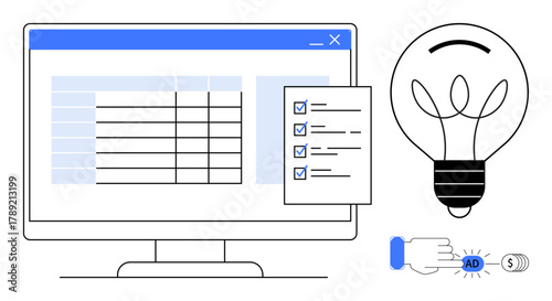 Computer monitor with data table, checklist, lightbulb, and hand clicking ad button. Ideal for productivity, innovation, digital marketing, strategy creativity finance technology. Simple flat