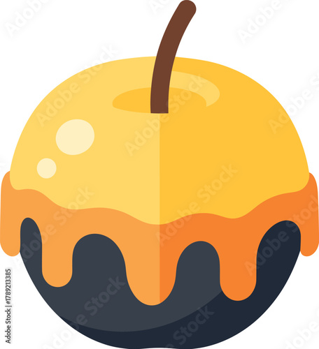 A stylized illustration of a golden apple partially dipped in dark chocolate and covered with dripping caramel.