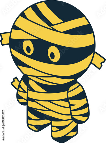 A cute cartoon illustration of a small mummy character wrapped in yellow bandages on a white background.