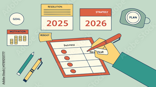 Illustration showing business planning with resolutions, strategy, motivation, and goal setting for new year
