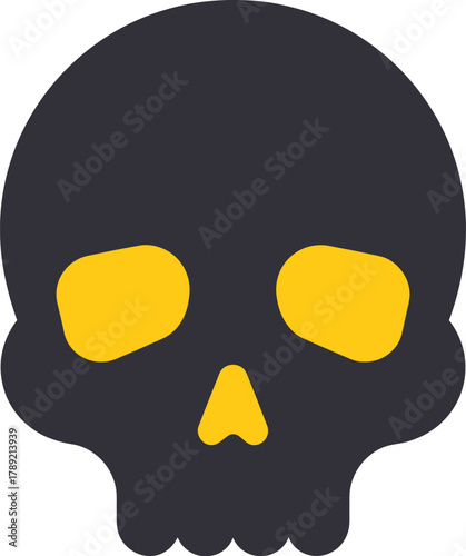 A stylized, minimalist, dark gray skull with bright yellow eye sockets and nose cavity.