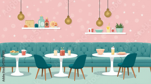 Cozy cafe interior with pink walls and teal booth seating