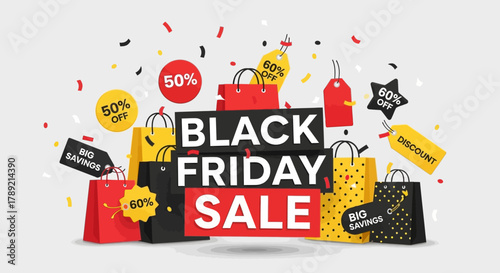 Black Friday Sale: A vibrant and dynamic display of shopping bags, price tags, and promotional elements heralding the exciting Black Friday sale. Showcasing significant discounts and enticing offers