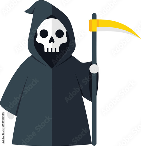 A simple cartoon illustration of the Grim Reaper character holding a golden scythe.