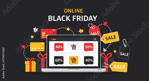 Digital Black Friday Online: Illustrative rendering of a laptop screen displaying online shopping promotions for Black Friday. Surrounded by credit cards, gift boxes, and sale tags.