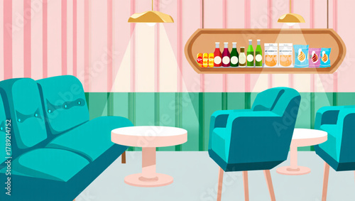 Cozy cafe interior with teal seating and shelves of drinks