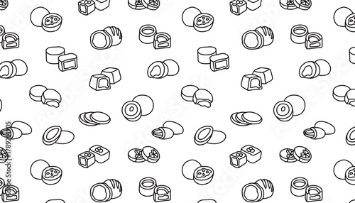 Seamless pattern of assorted chocolate bonbons in a line art style