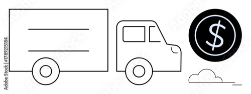 Minimalist truck and dollar coin with lines and cloud element. Ideal for delivery, logistics, finance, business, shipping, supply chain, e-commerce. Simple flat metaphor