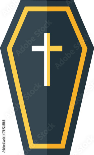 A detailed illustration of a closed coffin with a golden cross on its front, symbolizing death.