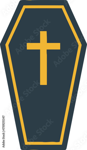 A dark blue coffin with a yellow cross on its lid, symbolizing death and religious beliefs.