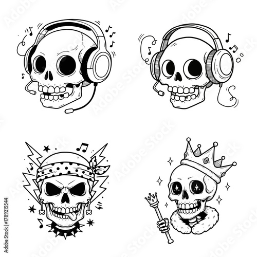 A set of four unique skull illustrations in cartoon engraving style, each with different accessories like headphones, bandana, and royal crown.