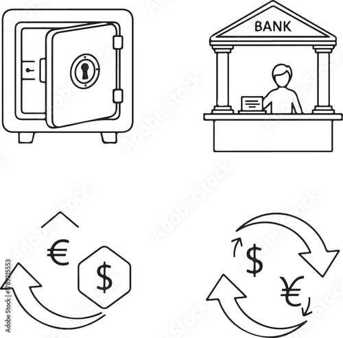 Simple Vector Line Icons for Banking, Finance, and Currency Exchange