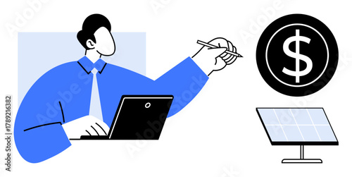 Man working with laptop, pointing towards symbols of solar energy and finance. Ideal for renewable energy, finance, eco-business, sustainability, investments, innovation clean energy. Simple flat