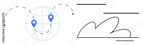 Globe with location markers connected through dashed lines represents global communication and cloud computing. Ideal for networking, technology, travel, innovation, data transfer, logistics, simple