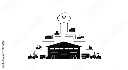 Modern warehouse logistics connected to cloud-based network for efficient distribution.