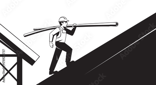 A construction worker carries wooden beams up a roof, symbolizing hard work, building, and the process of home construction in a black and white illustration.
