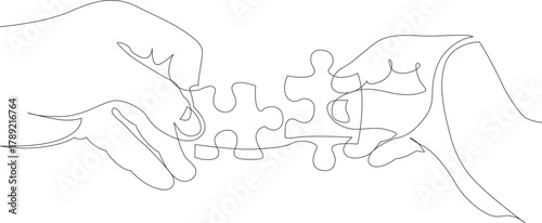 Continuous line drawing of hands solving a jigsaw puzzle, vector linear illustration.
