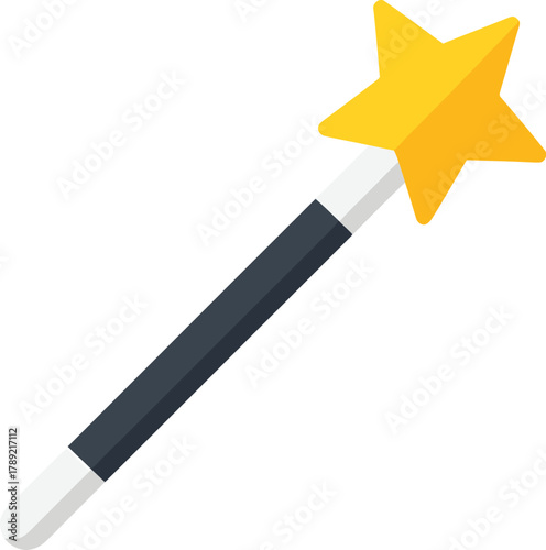 A classic magician's wand with a black handle and a bright yellow star on top, isolated on a white background.