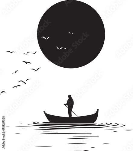 Man on Boat Silhouette with Big Sun and Water Reflection
Minimalist Boat and Sunset Silhouette Vector Design
Fisherman in Boat Under the Sun Silhouette Art