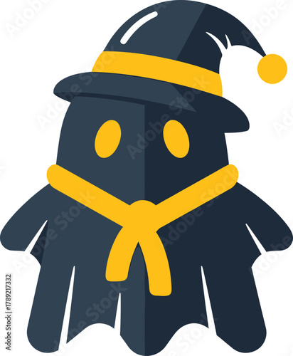 A cute cartoon ghost character wearing a pointed wizard hat and a yellow scarf.
