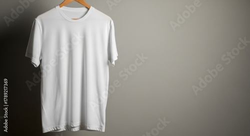 Plain white t shirt hanging on a wooden hanger against a grey wall