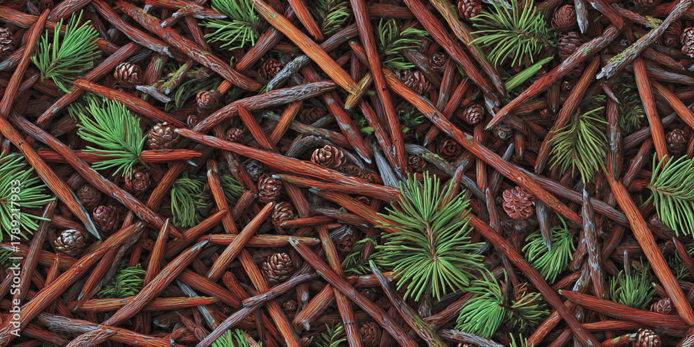 Fototapeta premium Natural seamless pattern of twigs and pine needles on forest floor