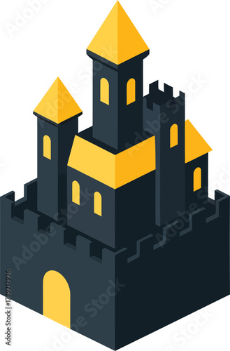 Isometric illustration of a dark castle with yellow roofs and windows, showcasing a medieval architectural style.
