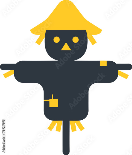 A stylized, flat design illustration of a scarecrow with a yellow hat and dark blue body.