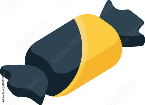 A single piece of candy in a dark blue and yellow twisted wrapper, isolated on a white background.