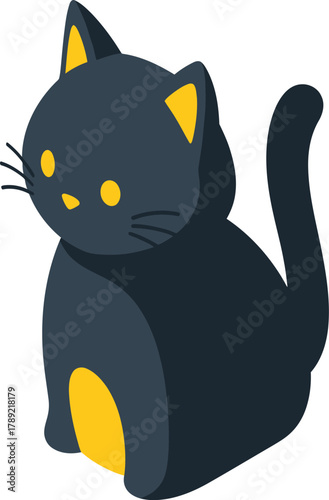 A cute, stylized black cat with bright yellow eyes and inner ears sitting patiently.