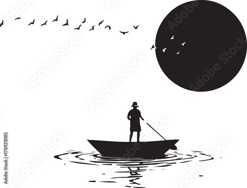 Man on Boat Silhouette with Big Sun and Water Reflection
Minimalist Boat and Sunset Silhouette Vector Design
Fisherman in Boat Under the Sun Silhouette Art