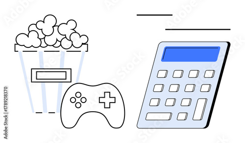 Popcorn bucket, game controller, and calculator highlighting balance between leisure, gaming, and financial planning. Ideal for entertainment, gaming, budgeting, leisure finances lifestyle modern